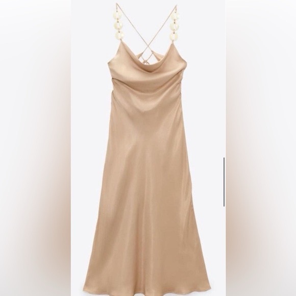 Zara Beige Tan Open Back Cowl Neckline Shell Chain Straps Satin Slip Dress - Picture 1 of 5